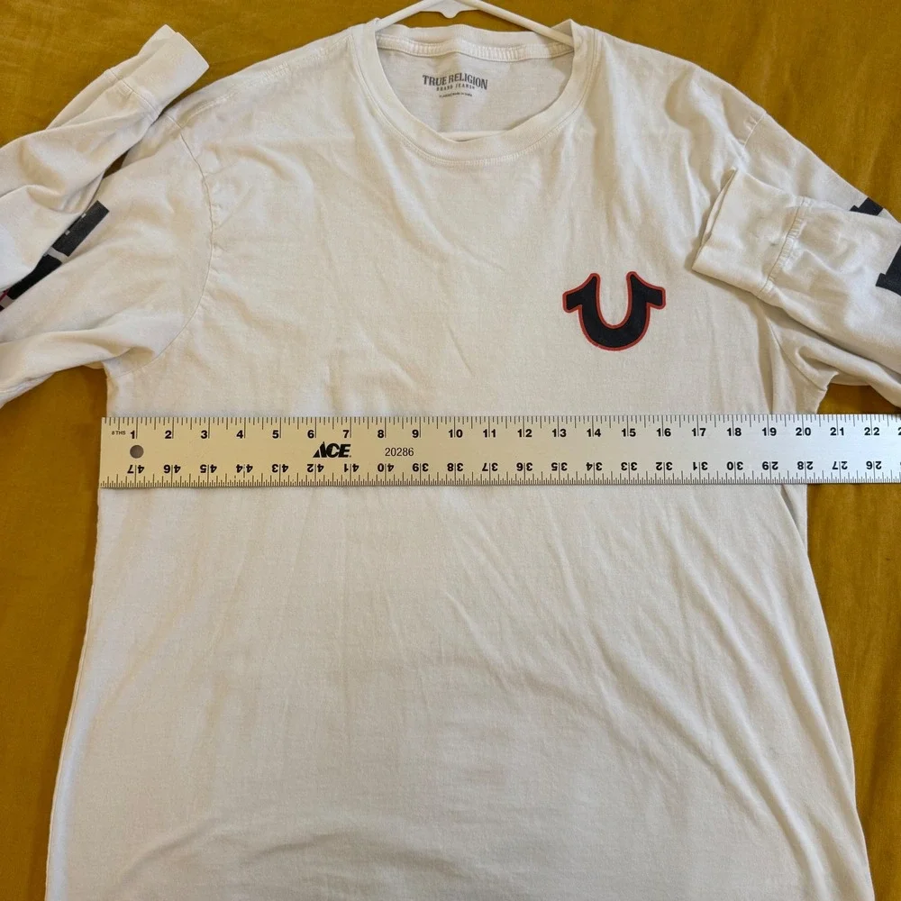 True Religion Mens White Long Sleeve Graphic Logo T-Shirt XL Horseshoe Branding